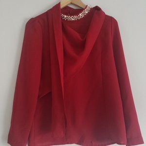Women Red Beaded Wrap Long Sleeve Top Blouse